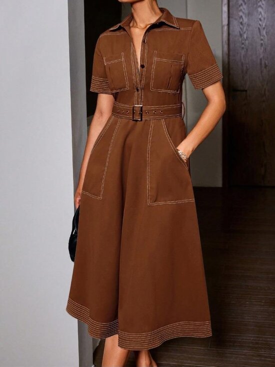 Dresses & Skirts - Vintage Inspired Brown Midi Shirt Dress | Elegant Collared Button Front Belted